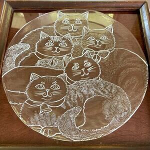 Vintage Pilgrim Glass Cat Platter Frosted Clear Cat Design Serving Plate